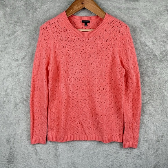 Talbots Sweater Womens PL Petite Pink L/S Crew Neck Open‎ Weave Design Preppy - Picture 1 of 9
